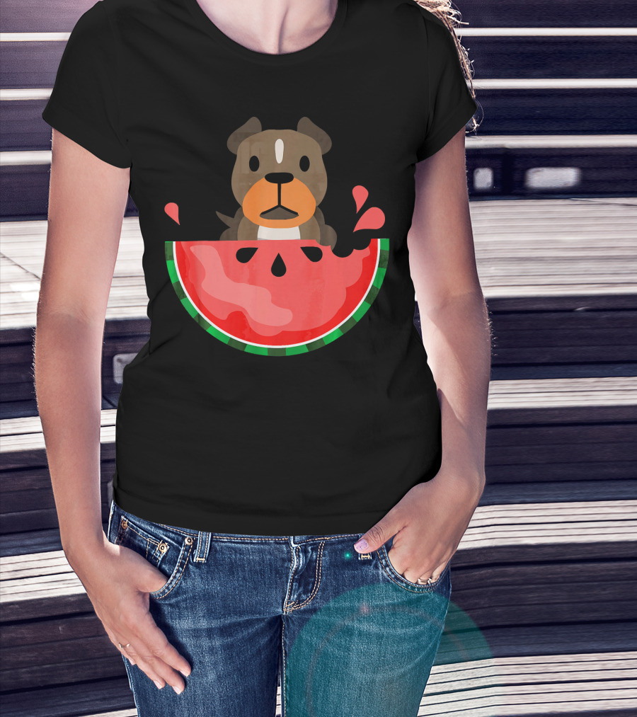 Playful Pit Bull In Watermelon Splash For Summer Vibes T-Shirt