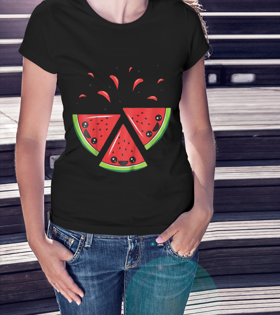 Kids Cute Watermelon Slices With Smiling Faces And Seeds T-Shirt