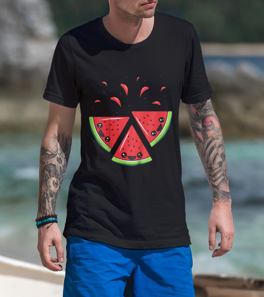 Kids Cute Watermelon Slices With Smiling Faces And Seeds T-Shirt