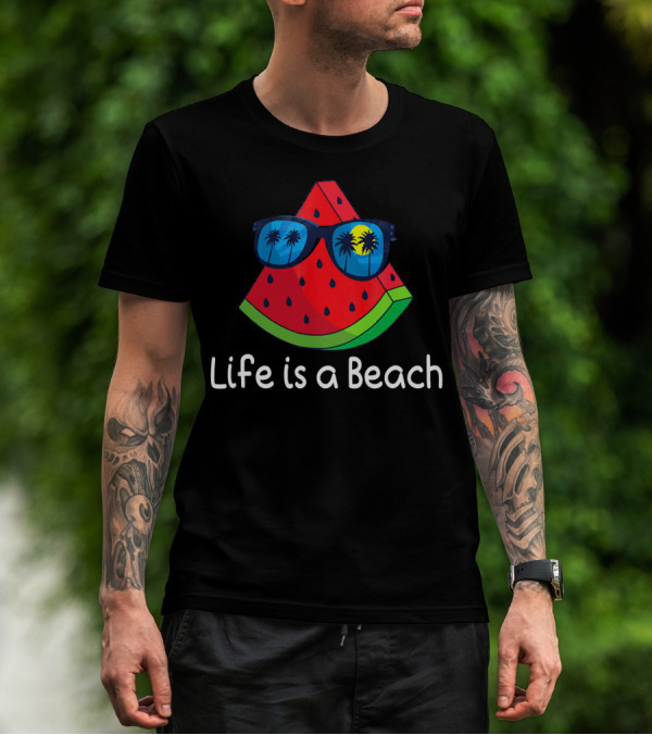 Life Is A Beach Watermelon Sunglasses With Palm Trees And Sunset T-Shirt