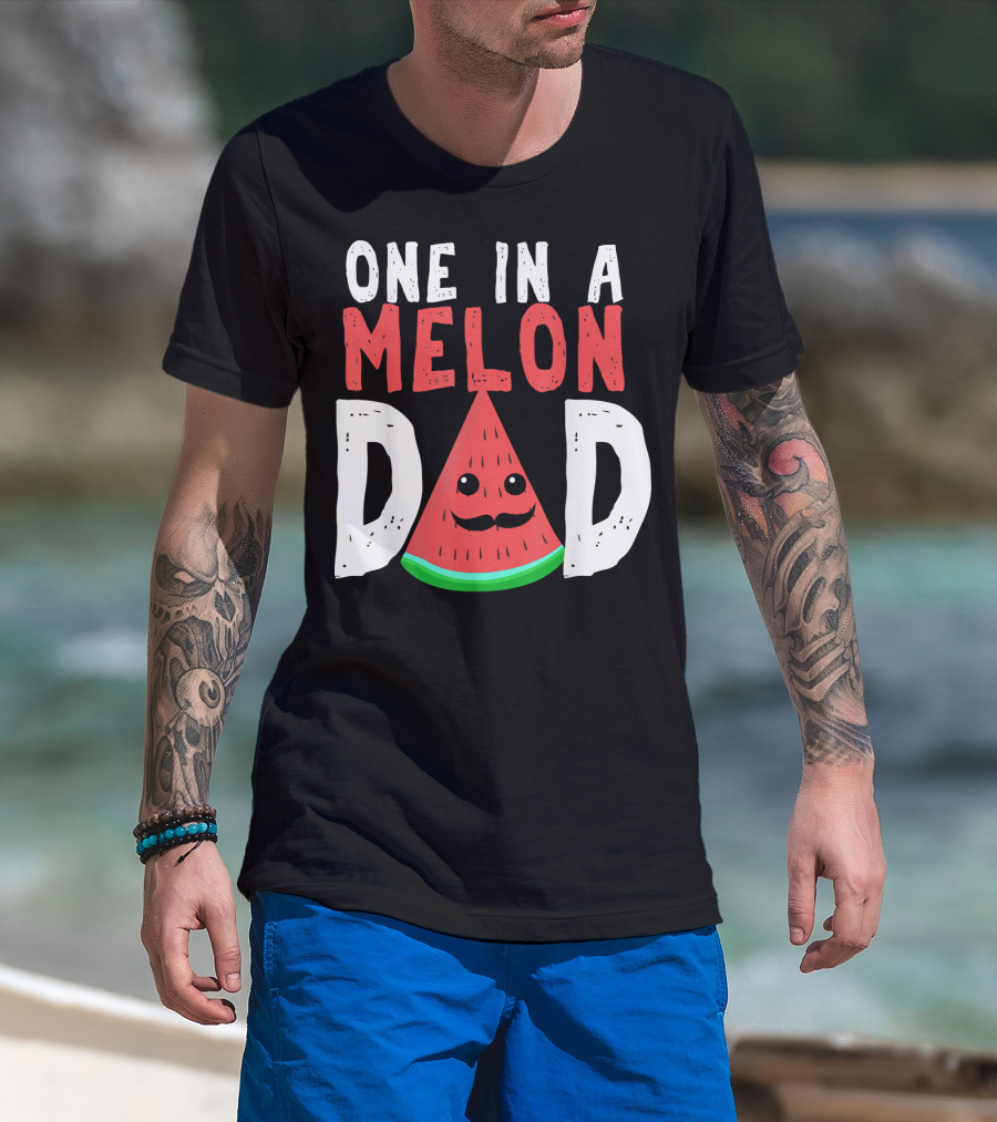 One In A Melon Dad Funny Watermelon Mustache Smiling Block Letters T-Shirt