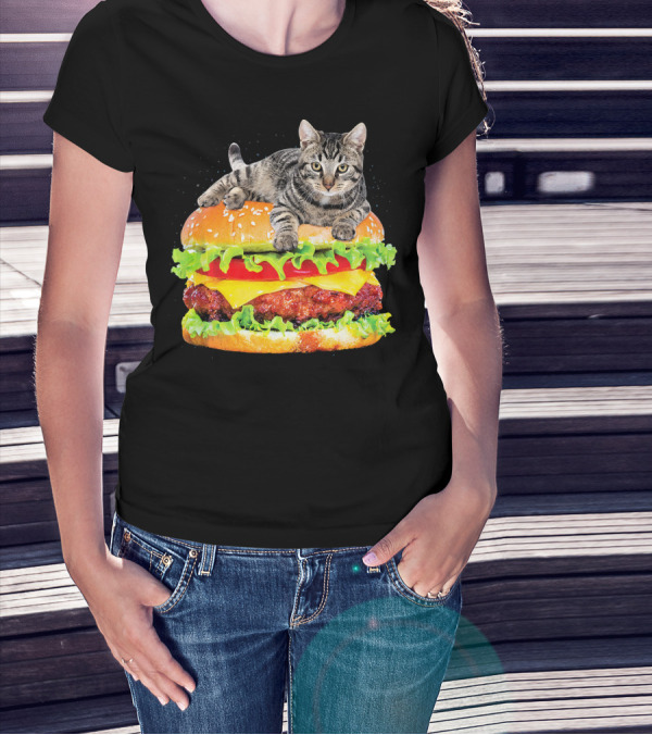 Funny Space Cat On Giant Hamburger T-Shirt