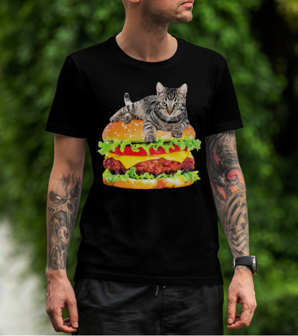 Funny Space Cat On Giant Hamburger T-Shirt