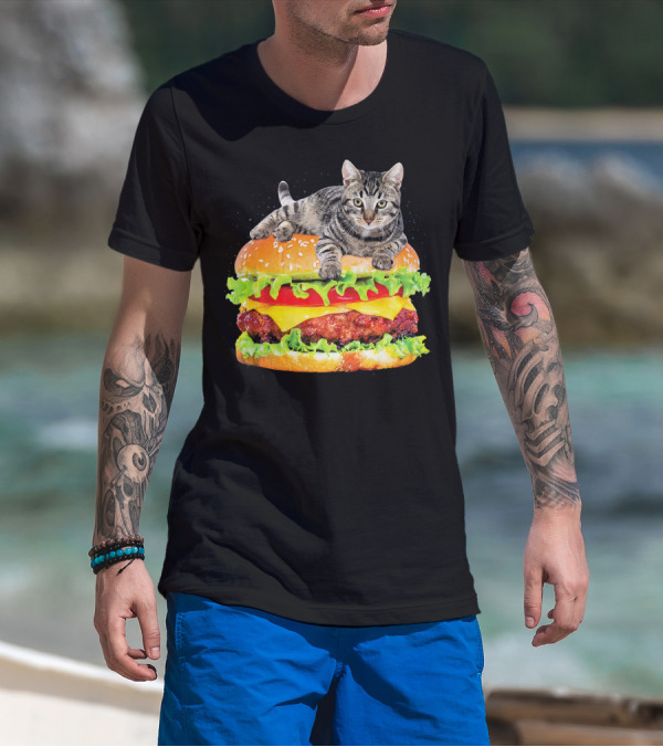 Funny Space Cat On Giant Hamburger T-Shirt