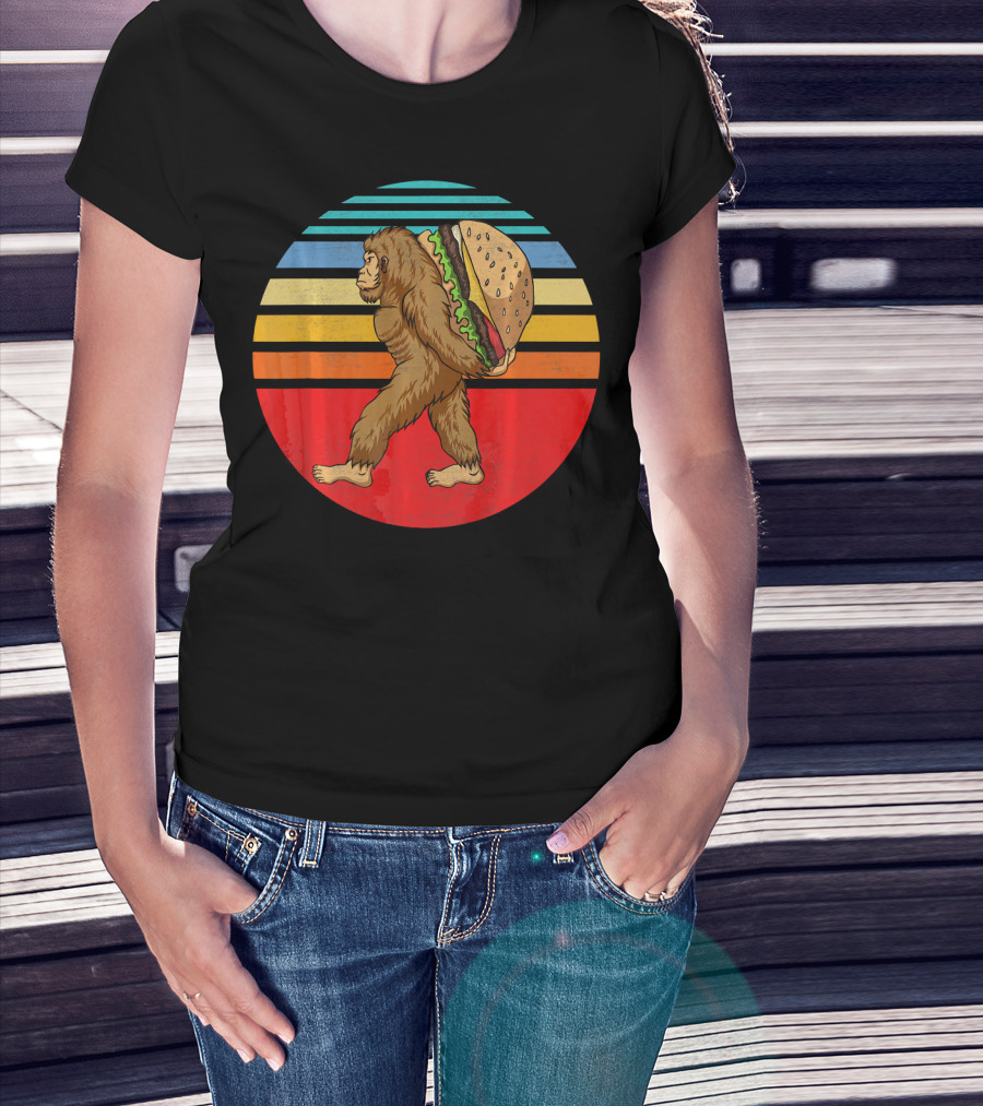 Vintage Bigfoot Carrying Hamburger Retro Stripes T-Shirt
