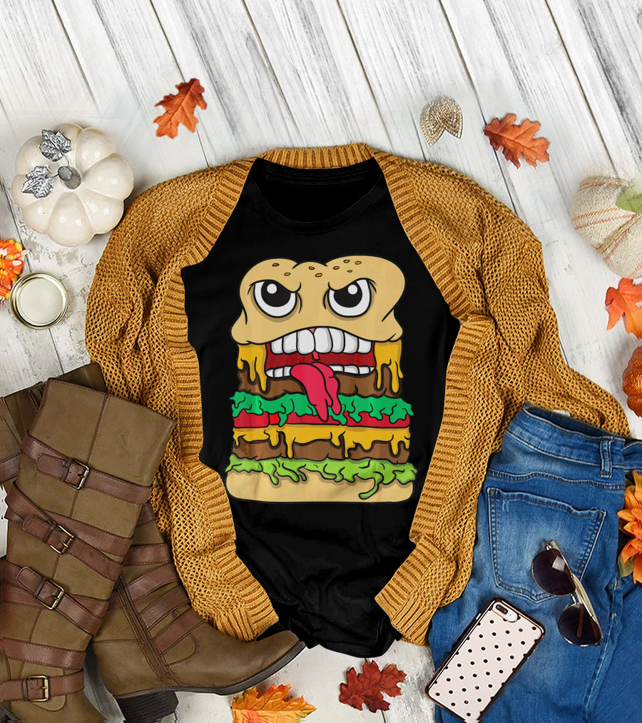 Burger Hamburger Cheeseburger Face with Tongue Out Lettuce and Cheese Layers T-Shirt