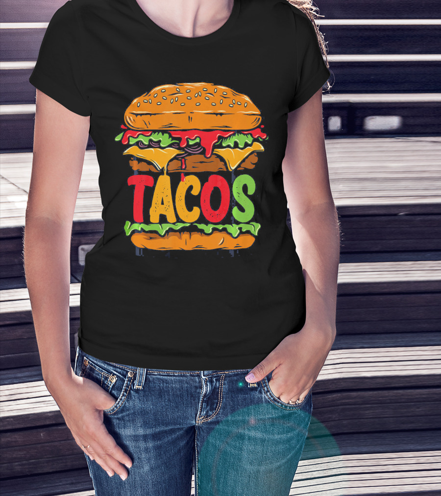 Tacurger Burger Mexican Tortilla Tacos Bold Colorful Lettuce Cheese Combo T-Shirt