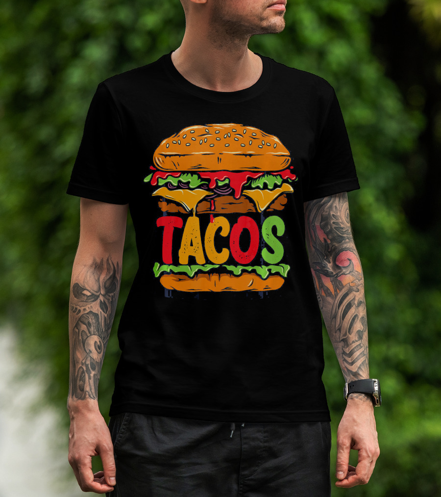 Tacurger Burger Mexican Tortilla Tacos Bold Colorful Lettuce Cheese Combo T-Shirt