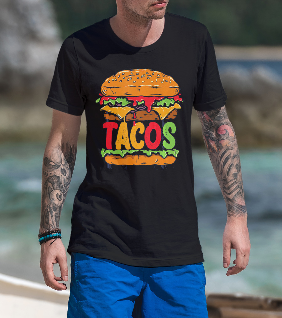 Tacurger Burger Mexican Tortilla Tacos Bold Colorful Lettuce Cheese Combo T-Shirt