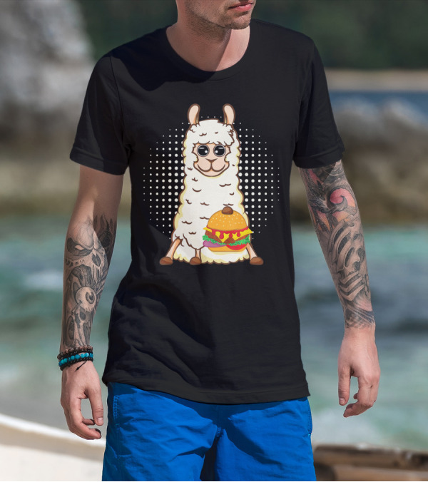 Llama Surprise Funny Sitting With Giant Burger T-Shirt