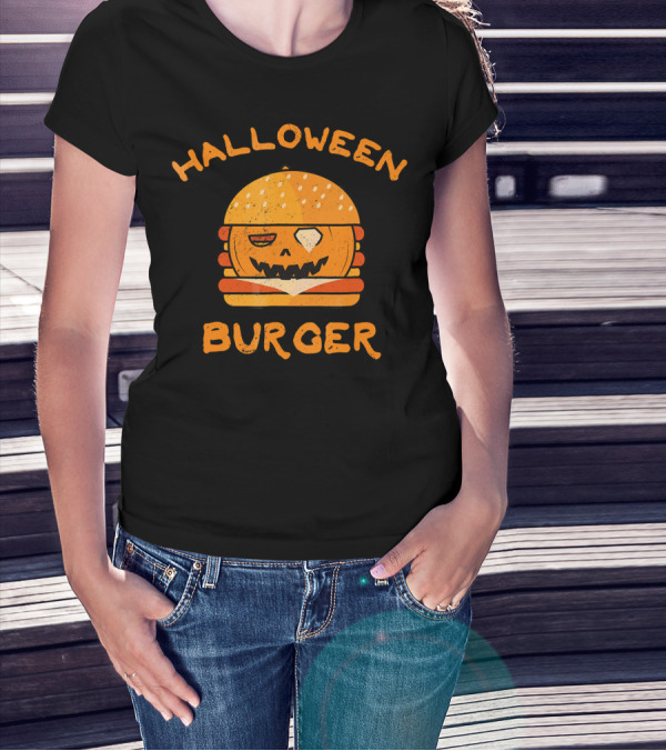 Halloween Pumpkin Burger Jack-O'-Lantern Face T-Shirt
