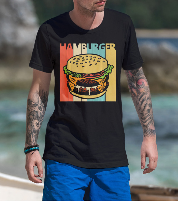 Vintage Retro Hamburger Rainbow Stripe Background T-Shirt