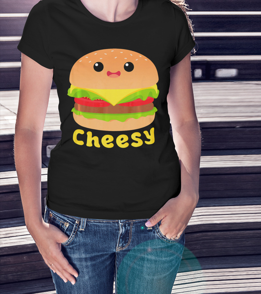 Cheesy Cute Funny Cheese Burger Food Pun Adorable Smiling Burger T-Shirt