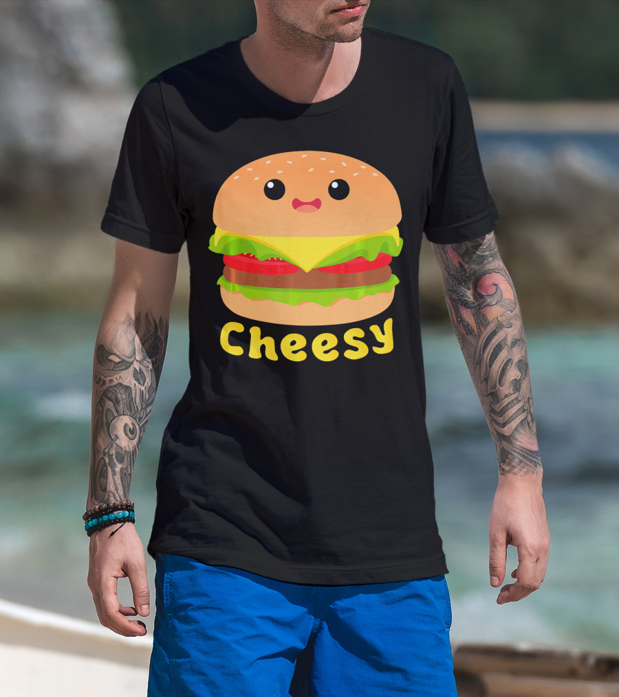 Cheesy Cute Funny Cheese Burger Food Pun Adorable Smiling Burger T-Shirt
