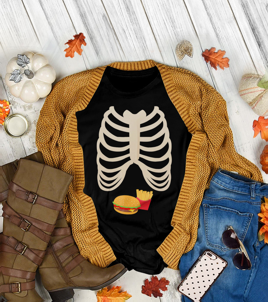 Halloween Skeleton Rib Cage Xray Burger and Fries T-Shirt