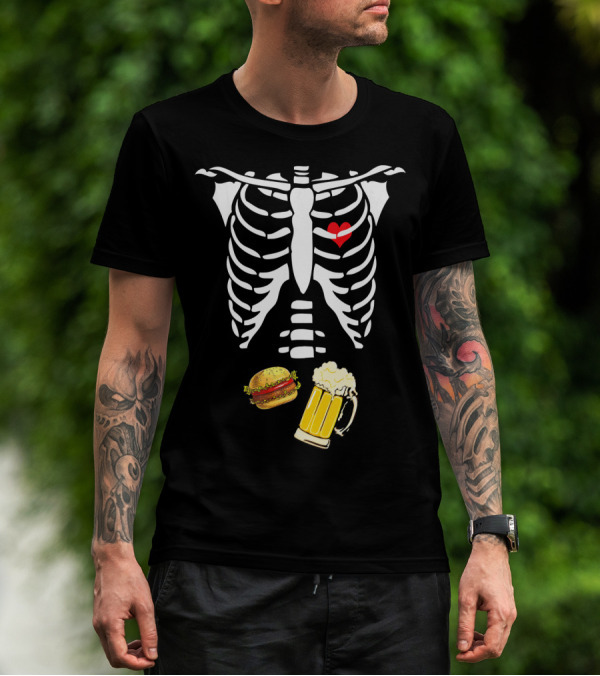 Beer Hamburger Skeleton Ribcage Heart T-Shirt