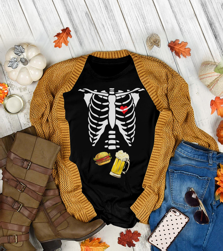 Beer Hamburger Skeleton Ribcage Heart T-Shirt