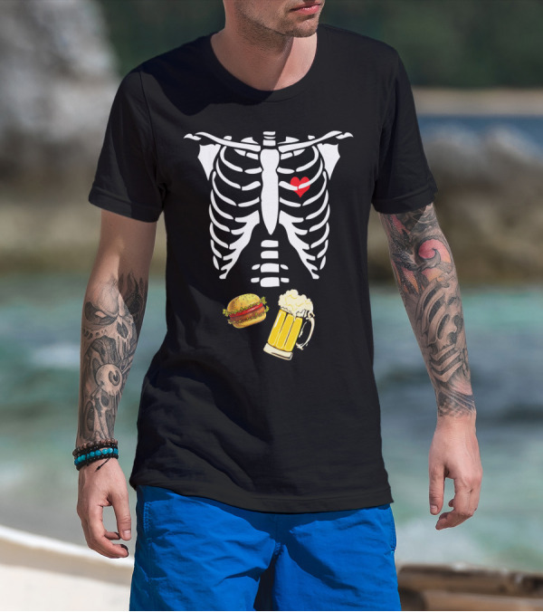 Beer Hamburger Skeleton Ribcage Heart T-Shirt