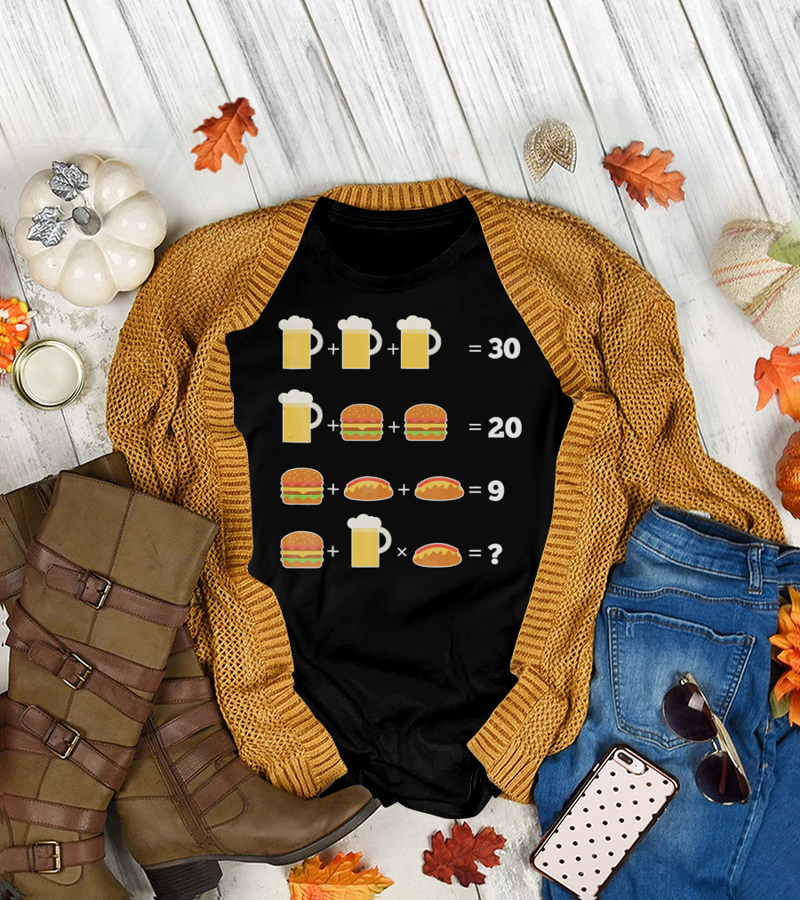 Beer and Hamburger Hot Dog Math Puzzle Equation T-Shirt