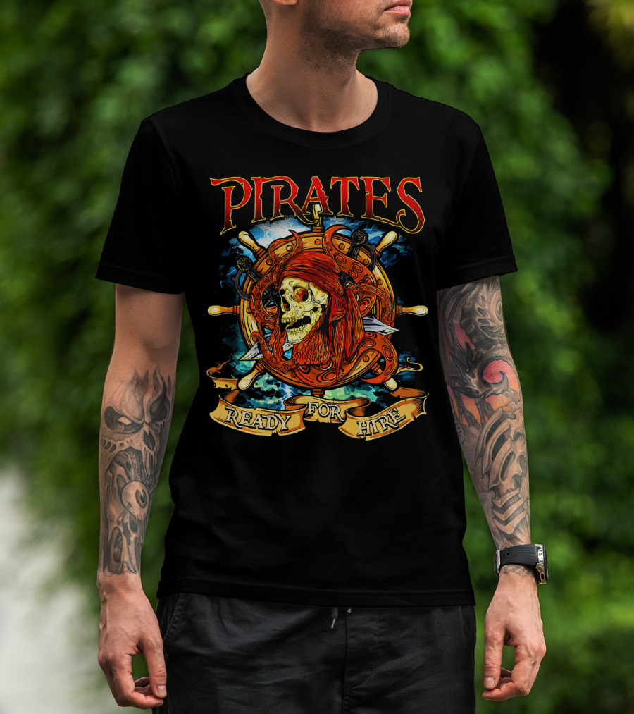 Pirates Ready For Hire Skull With Red Bandana Steering Wheel T-Shirt