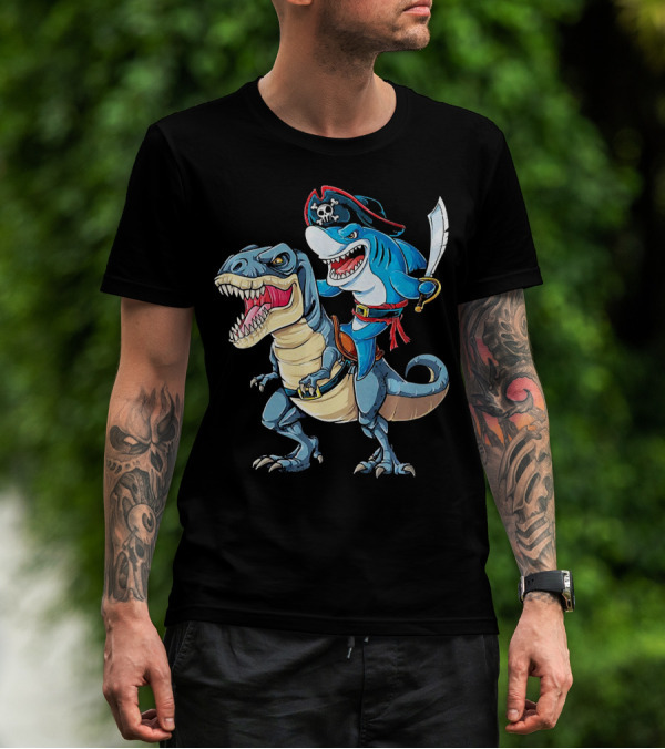 Pirate Shark Wielding Sword Riding Rex Dinosaur T-Shirt
