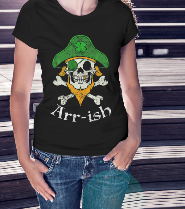Arr-ish Funny Irish Skull Clover Pirate Beard T-Shirt