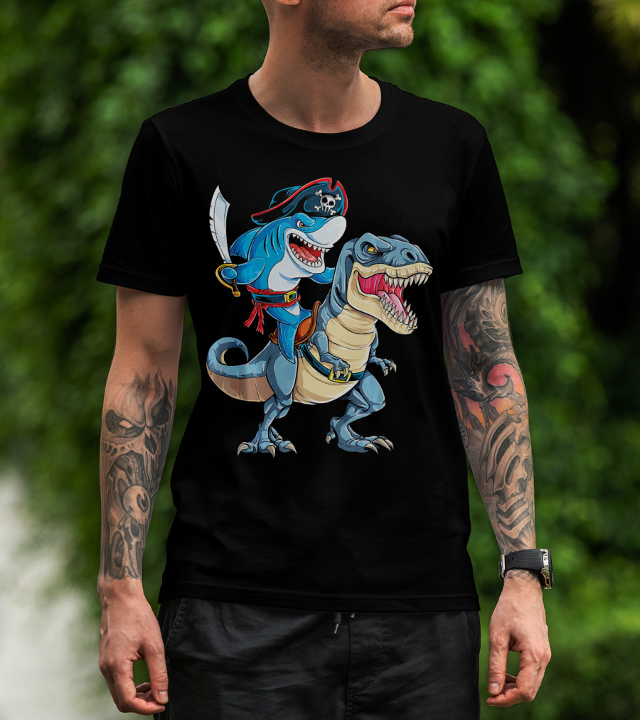 Pirate Shark Riding A Dinosaur T-Rex Jaws T-Shirt