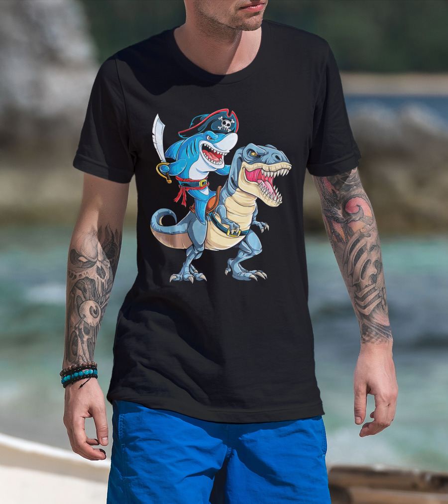Pirate Shark Riding A Dinosaur T-Rex Jaws T-Shirt