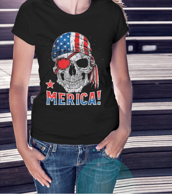 Merica Pirate Skull With American Flag Bandana And Red Eyepatch T-Shirt