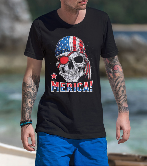 Merica Pirate Skull With American Flag Bandana And Red Eyepatch T-Shirt