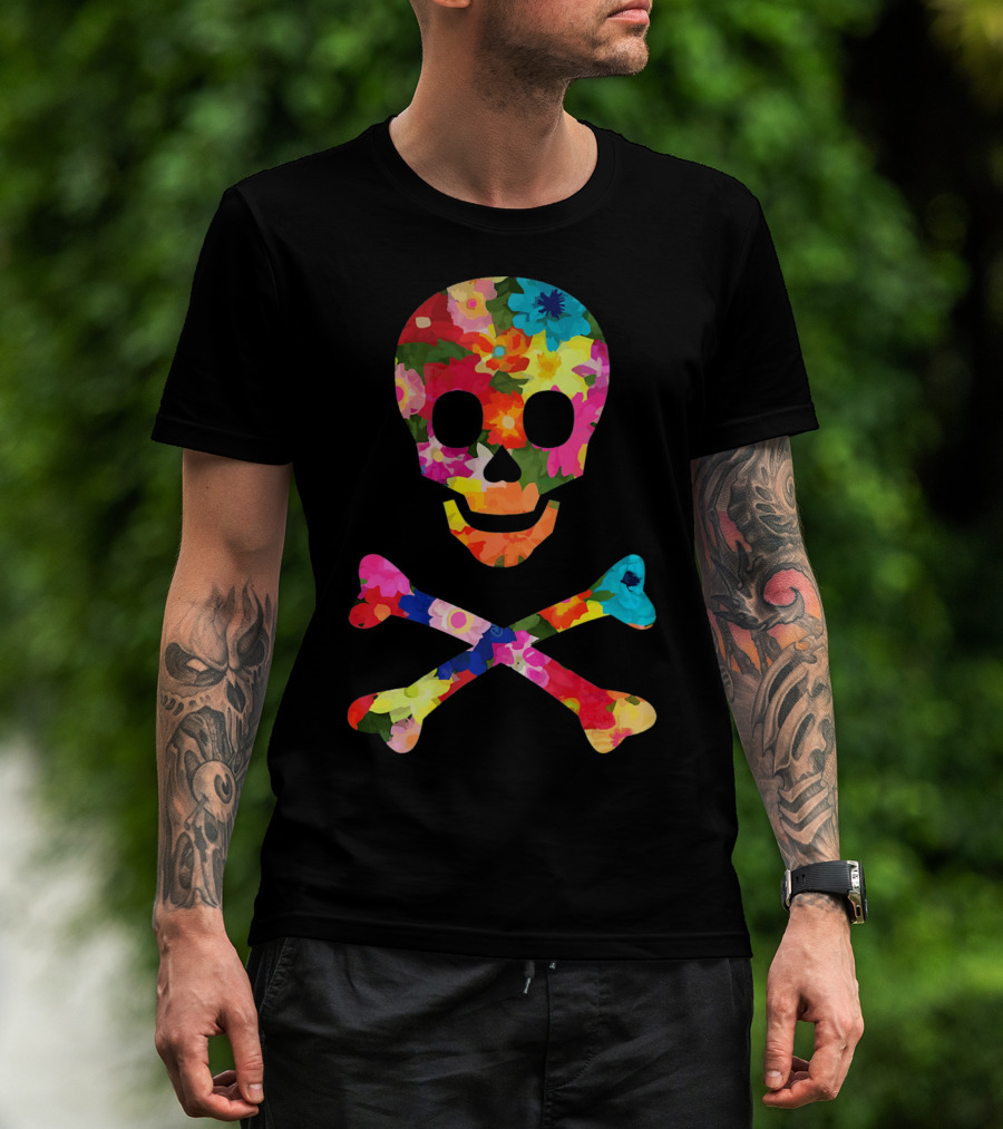 Flower Skull And Crossbones Funky Pirate Multicolor Floral T-Shirt