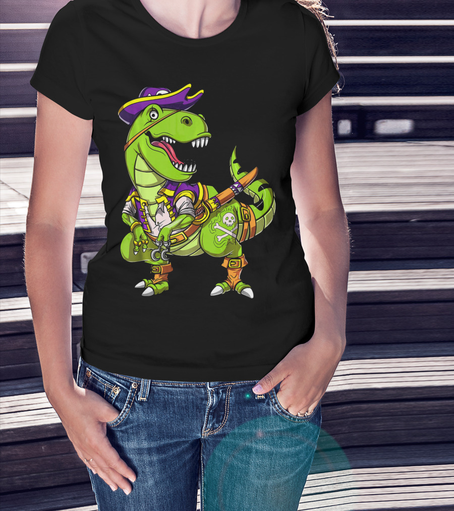 T Rex Dinosaur Pirate Captain With Hat And Hook In Green And Purple T-Shirt