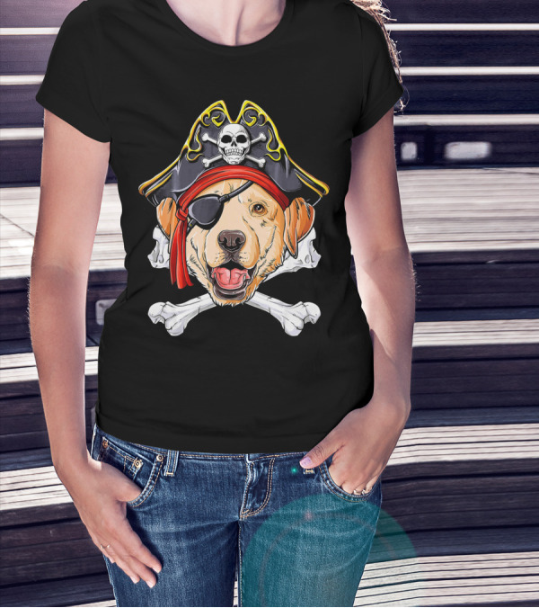 Labrador With Pirate Skull Hat And Crossbones T-Shirt