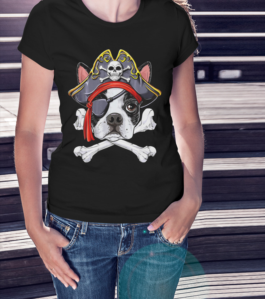 Boston Terrier Pirate Jolly Roger Skull And Crossbones T-Shirt