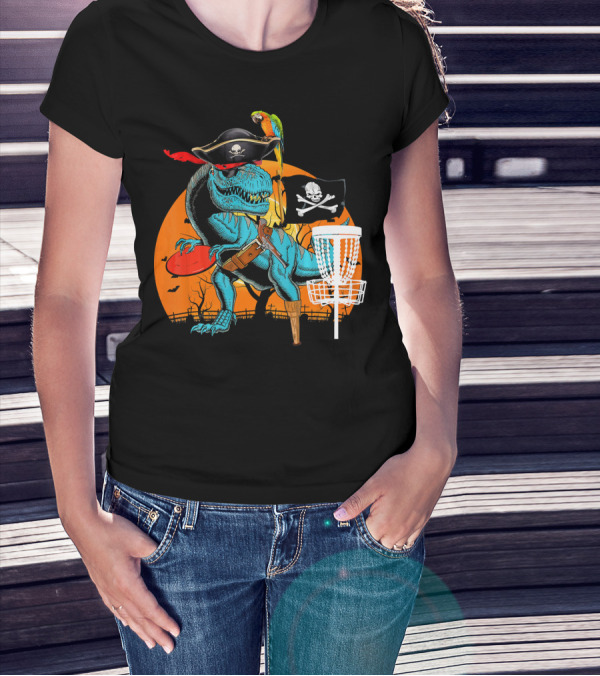 Jolly Roger Pirate Dinosaur Disc Golf Adventure T-Shirt