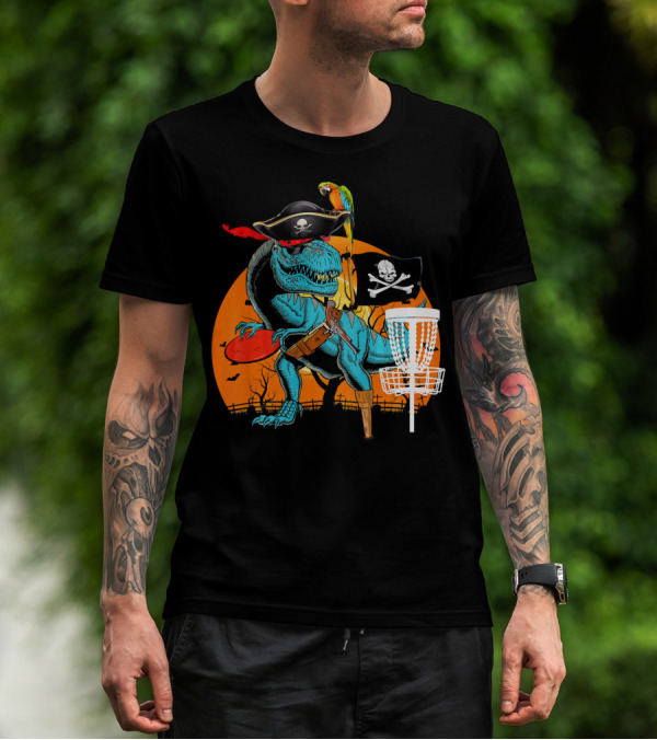 Jolly Roger Pirate Dinosaur Disc Golf Adventure T-Shirt