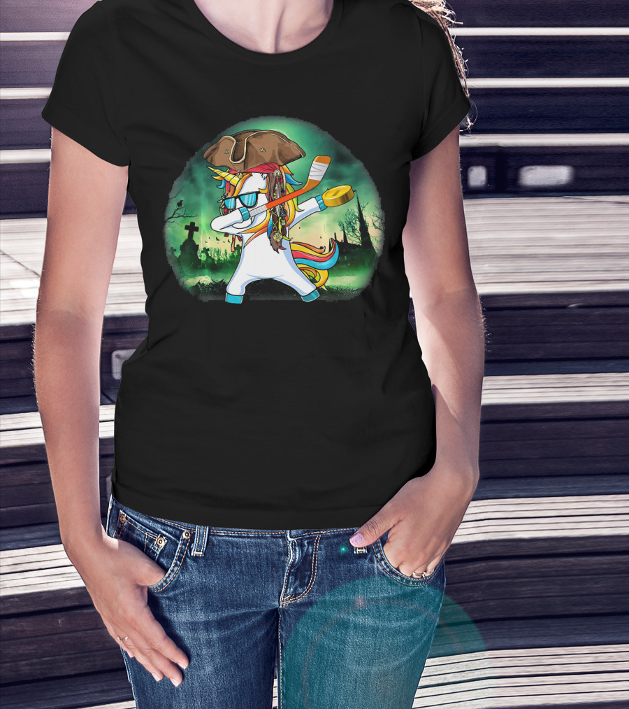 Dabbing Pirate Unicorn With Hockey Stick In Spooky Graveyard Scene T-Shirt