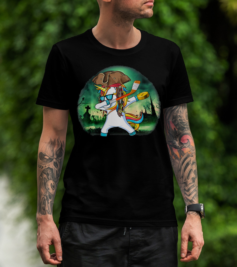 Dabbing Pirate Unicorn With Hockey Stick In Spooky Graveyard Scene T-Shirt