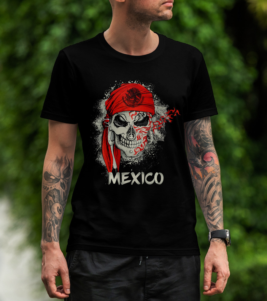Mexico Skull With Red Bandana And Serpent Emblem T-Shirt