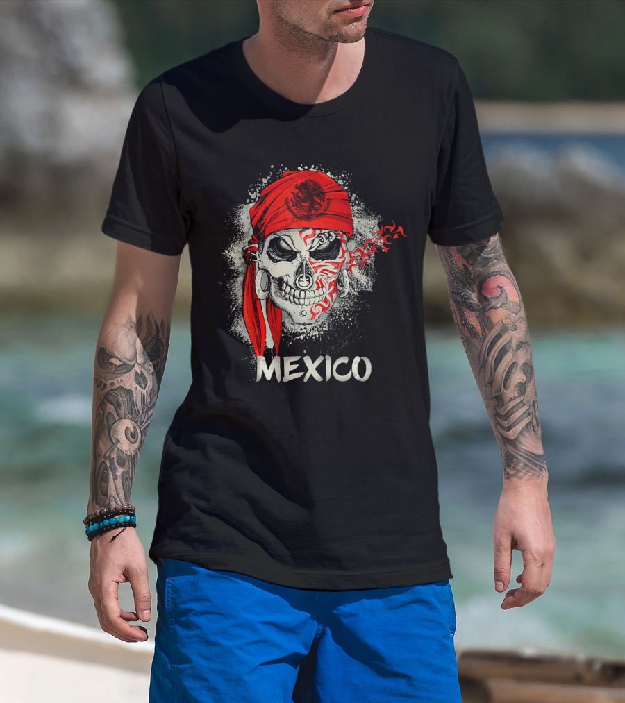 Mexico Skull With Red Bandana And Serpent Emblem T-Shirt