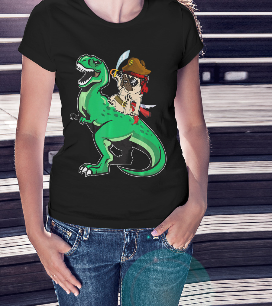 Pirate Pug Riding Rex Dinosaur With Sword And Hat T-Shirt