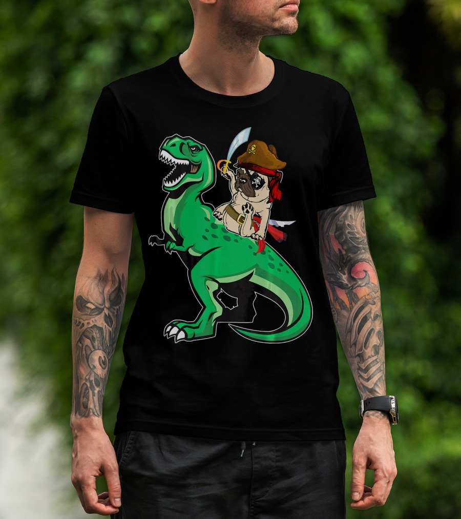 Pirate Pug Riding Rex Dinosaur With Sword And Hat T-Shirt