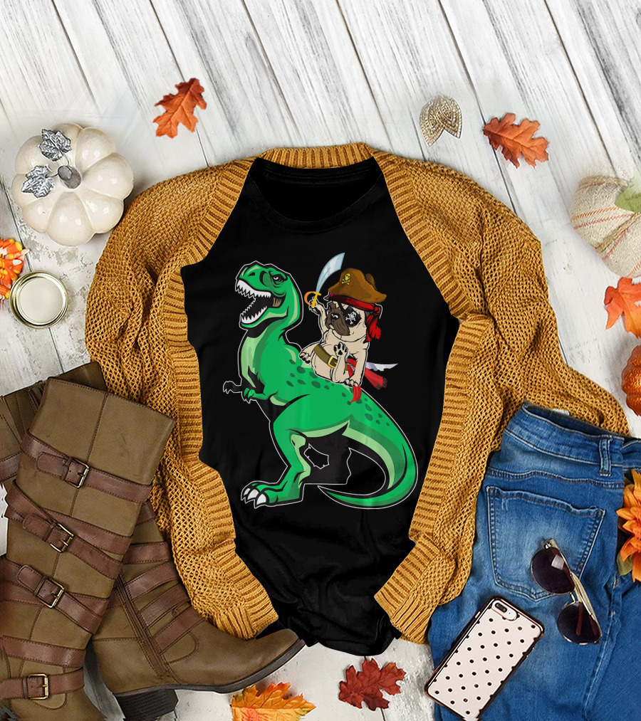 Pirate Pug Riding Rex Dinosaur with Sword and Hat T-Shirt
