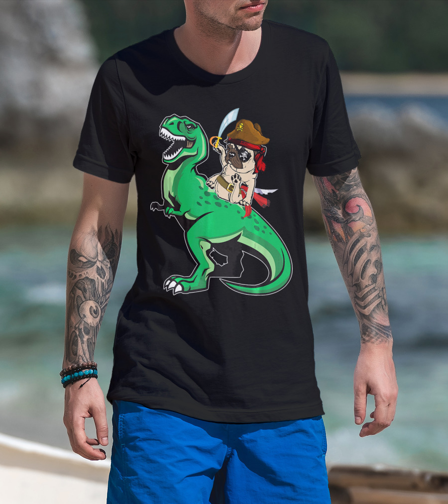 Pirate Pug Riding Rex Dinosaur With Sword And Hat T-Shirt