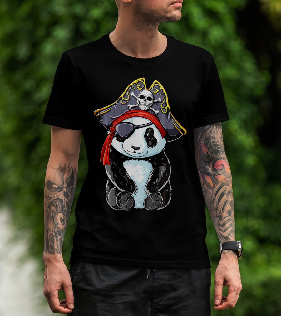 Panda Pirate Jolly Roger Skull Crossbones Eyepatch Bandana Hat T-Shirt