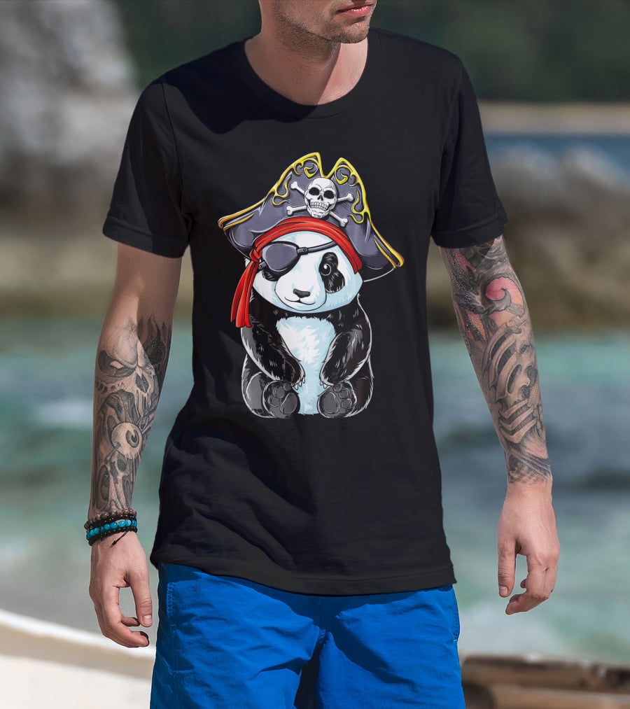 Panda Pirate Jolly Roger Skull Crossbones Eyepatch Bandana Hat T-Shirt