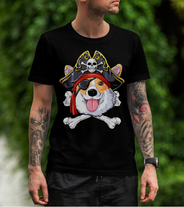 Corgi Pirate Skull And Crossbones Jolly Roger Flag T-Shirt
