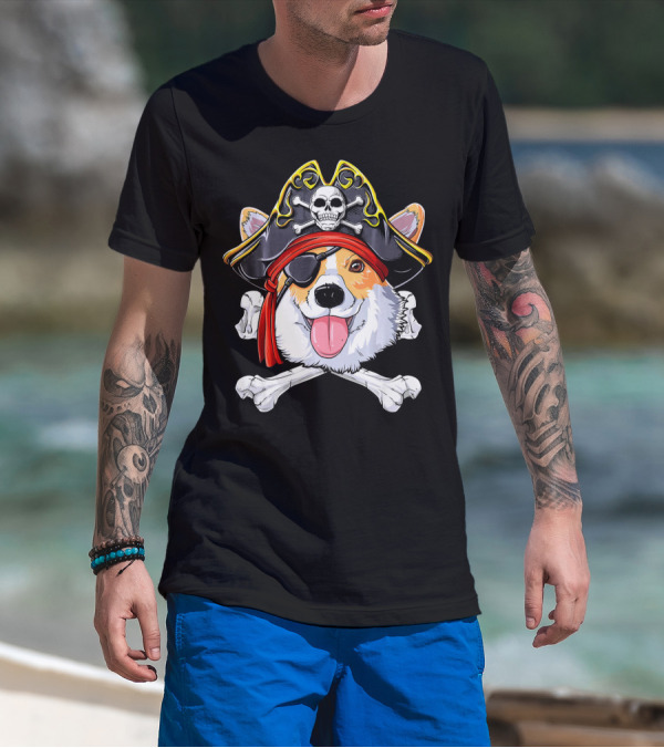 Corgi Pirate Skull And Crossbones Jolly Roger Flag T-Shirt