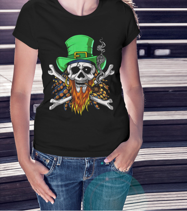 Leprechaun Pirate Skull St Patricks Crossbones Hat Pipe Beads T-Shirt