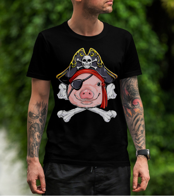 Pig Pirate Jolly Roger Flag Skull Eyepatch Crossbones Hat T-Shirt